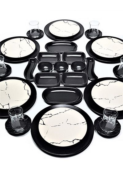 GULHANILE Matte Black Matte Cream Marble Pattern 35 Piece Breakfast Set for 6 People