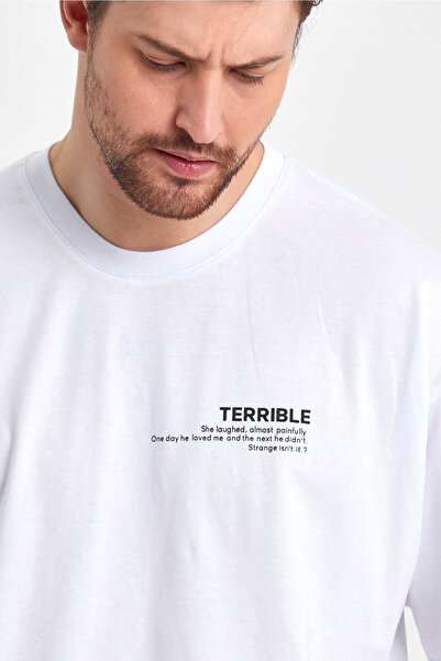 THE RULE Ανδρικό μπλουζάκι με άσχημο εμπριμέ, 100% βαμβακερό, φαρδύ, φαρδύ κομμένο λαιμόκοψη με απαλή υφή λευκό μπλουζάκι