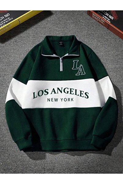 MARECASH Unisex Yeşil Los Angeles Baskılı Oversize Parçalı Polo Yaka Fermuarl...