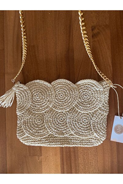 PeriStore Hasır Motifli Altın Zincirli El Örmesi Çanta 23x33cm