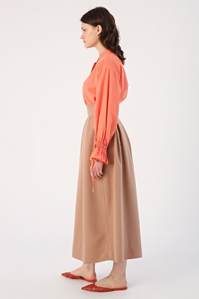 ALLDAY Camel Rahat Kalıp Pileli Fermuarlı Etek