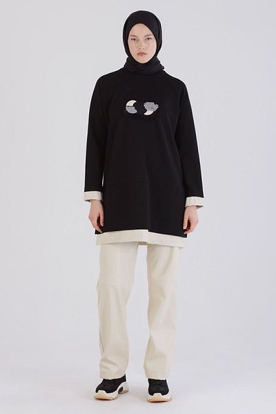 ALLDAY Black Leather Garnished Embroidered Tunic