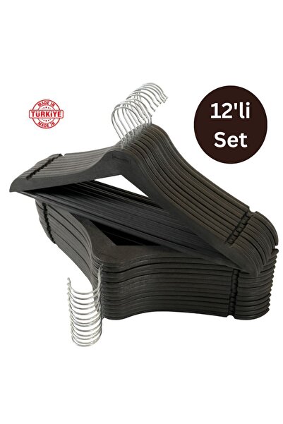 Dorcia Home 12li set Siyah Askı Ahşap Görünümlü Plastik A Kalite Elbise ve Kıyafet Askısı 12 Adet
