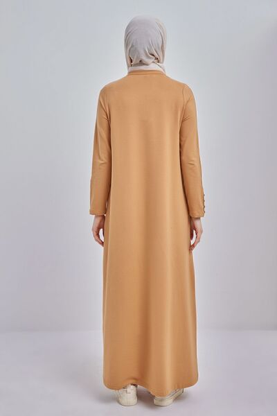 ALLDAY Φόρεμα από βαμβακερό μουσταρδί μανίκια με κουμπιά, χτενισμένο βαμβακερό φόρεμα