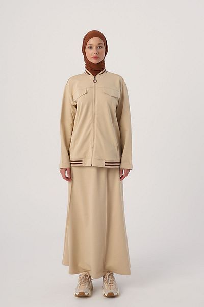 ALLDAY Bej01 Striped Ribbed Skirt and Short Cardigan Suit