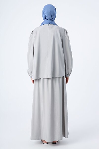 ALLDAY Gray01 Large Size Necklace and Gathered Sleeve Comfortable Skirt Suit