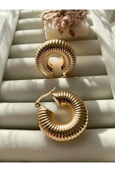 MRK Kalın Vintage Salyongaz Halka Tırtıklı Gold Küpe