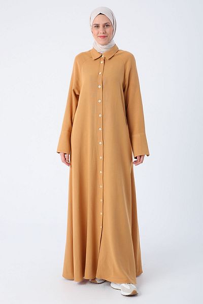 ALLDAY Senffarbene Abaya aus Leinen mit Raglanärmeln