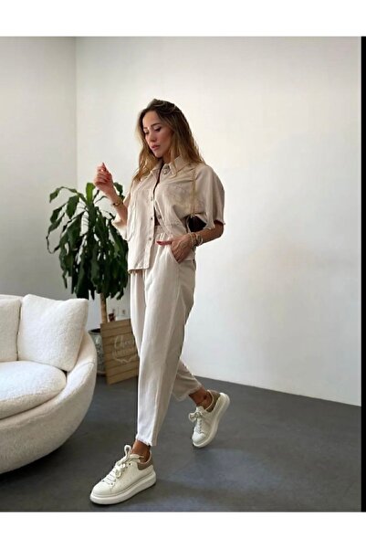 manana fashion Taş Rengi Keten  Bağcıklı Paçası Püskül Detay Pantolon