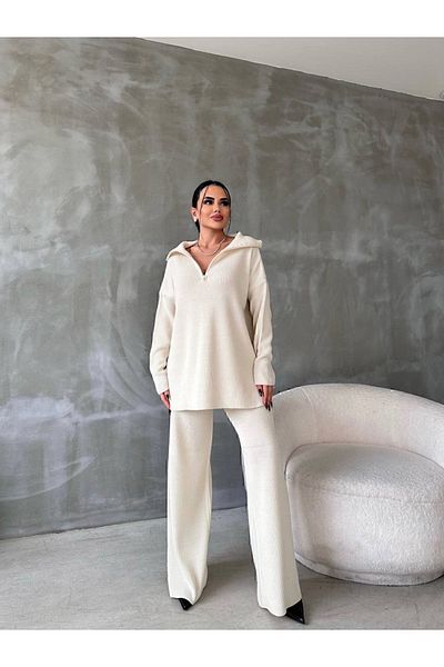 manana fashion بدلة تريكو بيضاء نصف سحاب عالية الياقة وبنطلون كبير الحجم بدلة مزدوجة
