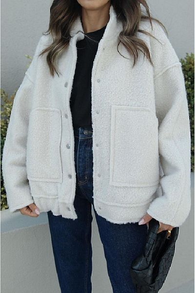 manana fashion Jachetă oversize cu buzunar mare alb cu căptușeală Boucle Bomber