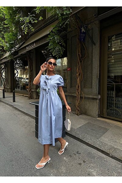 manana fashion Ice Blue Poplin Φιόγκος Λεπτομέρεια Ειδικού Σχεδιασμού Κοντό μανίκι μακρύ φόρεμα