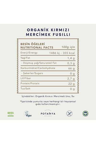 POTAMYA 240g Organik Glutensiz Kırmızı Mercimek Fusilli