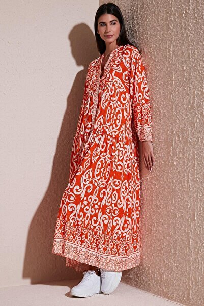 Lela Modest Desenli Relaxed Fit V Yaka Uzun Elbise Elbise 66924232s4