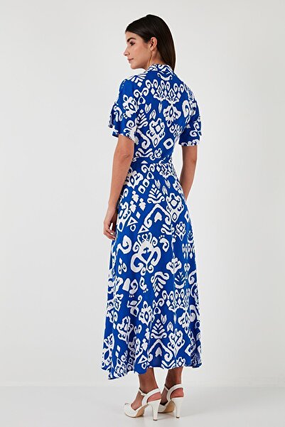 Lela Desenli Yırtmaçlı Gömlek Yaka Maxi Elbise  ELBİSE 611EL502