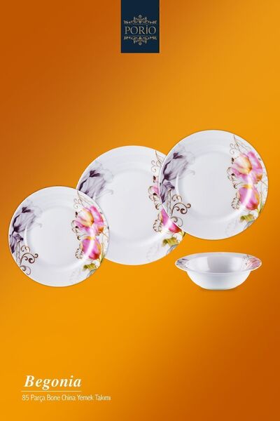 Porio Begonia 85 Parça Bone China 12 Kişilik Porselen Yemek Takımı