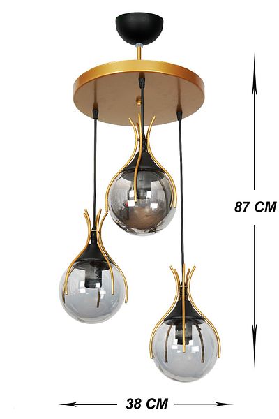 VENON Lighting Azur 3-Piece Pendant Lamp - Gold Black, Smoked Glop Glass Chandelier