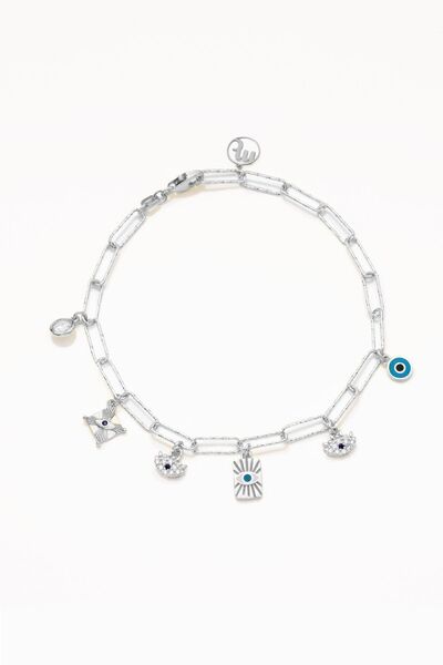 Marie Claire 18 Ayar Beyaz Altın Kaplama Gümüş Göz ve Nazar Boncuğu Charm Zincir Bileklik Shine Koleksiyon