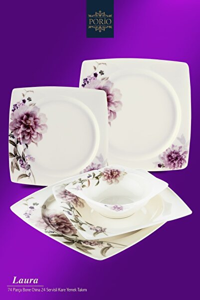 Porio Laura 74 Parça Bone China 24 Servisli 12 Kişilik Kare Porselen Yemek Ta...