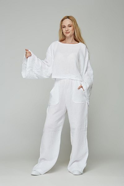 estewoman 100% Cotton Muslin 2-Piece Set - Bat Sleeve Trousers and Blouse
