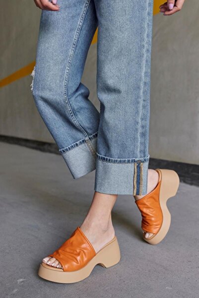 NILUFARR Lucia Orange Genuine Leather Thick Soled Slippers