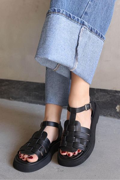 NILUFARR Aroma Black Genuine Leather Women's Sandals