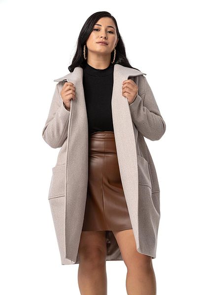 DISENTIS MODEST Beige Colored Plus Size Cashmere Coat - Single Button and Bag Pocket