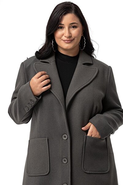 DISENTIS MODEST Large Size Gray Stamp Coat - Long Jacket Collar with Bag Pocket and Lining