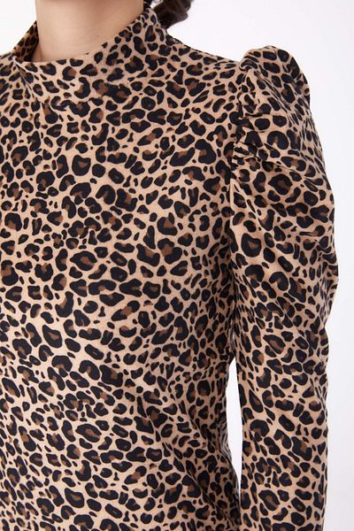 TOFİSA Mink Leopard Print Women's Blouse - Half Turtleneck, Plain - 26217
