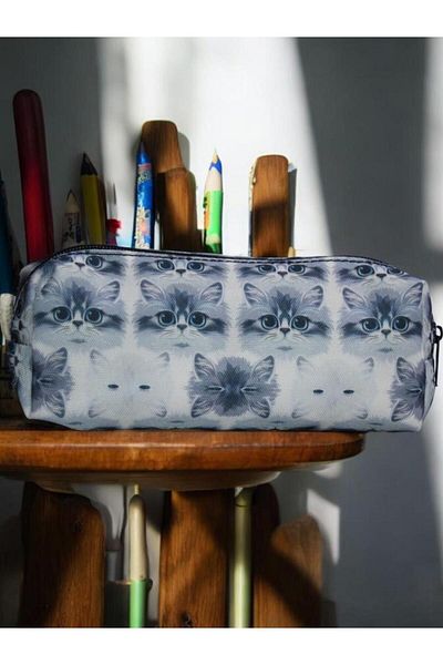 Nostaljik Lezzetler Gray Cat Patterned Sweet Pen Holder and Makeup Bag - School Pen Holder