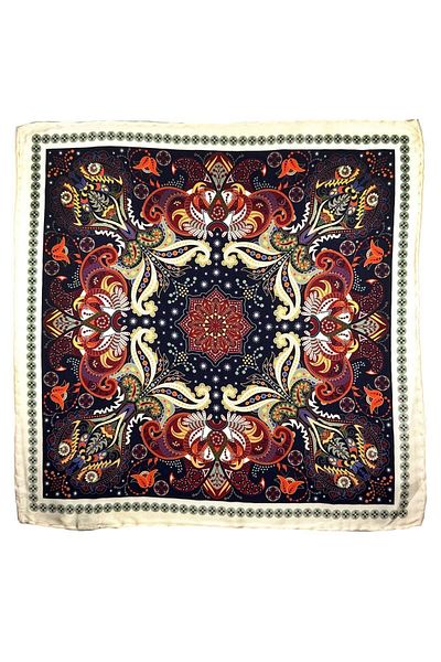 Kravatkolik Navy Blue - Cream Motif Pattern Men's Pocket Handkerchief SPS621-99