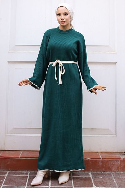 benguen Emerald Green Embroidery Λεπτομερές πλεκτό φόρεμα - 11040-17