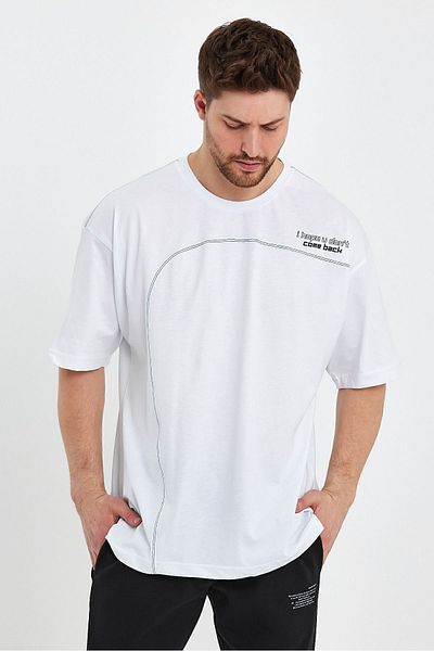 THE RULE Tricou alb, 100% bumbac, cu cusături, cu croială largă, cu decolteu rotund, cu textura moale