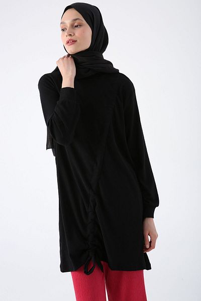 ALLDAY Black Gathered Tie Detailed Crew Neck Tunic