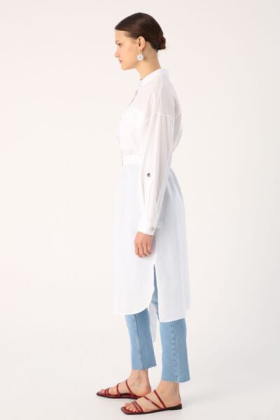 ALLDAY White 100% Cotton Judge Collar Belted Pocket Tunic
