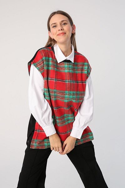 ALLDAY Rot-grüner, übergroßer Schlitzpullover mit Karomuster