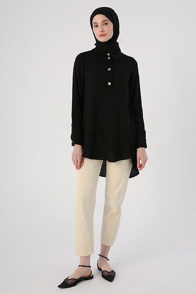 ALLDAY Black Shirt Collar Half Placket Slit Long Back Tunic