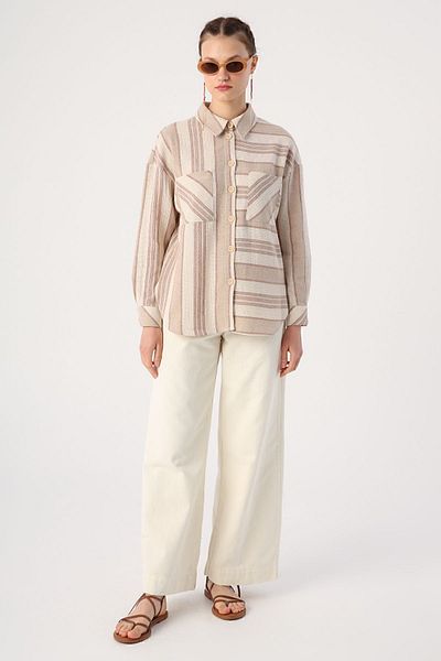 ALLDAY Μπλουζάκι Milk Brown βαμβακερό ριγέ με τσέπες και σκισίματα στα πλαϊνά