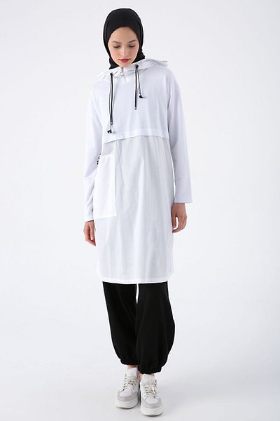 ALLDAY White Cotton Woven Garnished Hooded Sweat Tunic with Eyelet Detail