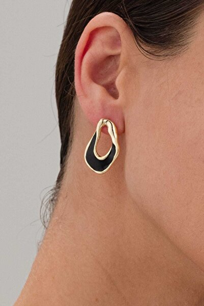 MRK Asimetrik Siyah Mineli Altın Renk Küpe