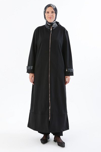 ALLDAY Μαύρη δερμάτινη επωμίδα Λεπτομερής Abaya με φερμουάρ