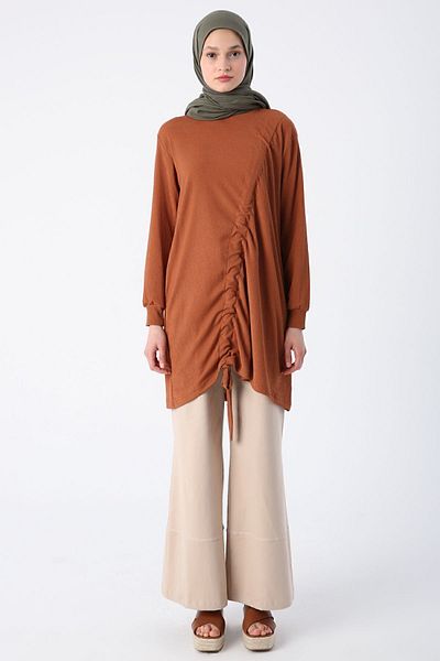ALLDAY Tan Gathered Tie Detailed Crew Neck Tunic