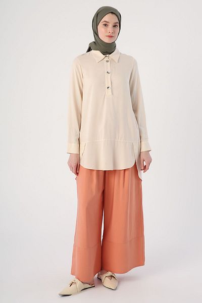 ALLDAY Ecru Shirt Collar Half Placket Slit Long Back Tunic