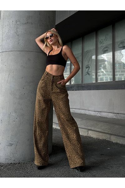 manana fashion Pantaloni Palazzo cu talie înaltă leopard Gabardine
