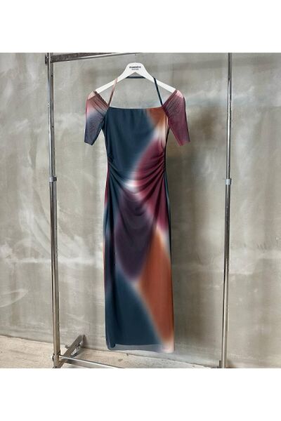 manana fashion Printed Off-Shoulder Tulle Midi Dress