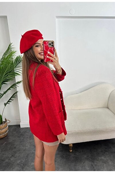 manana fashion Gold Buttoned Tasseled Double Breasted Red Tweed Jacket