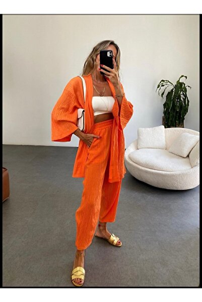 manana fashion Orange Seersucker Kimono Trousers Set