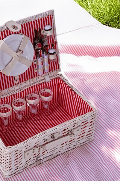 Perotti Cestino Italy 4 Kişilik Hasır, Kırmızı Şerit Astarlı, Aksesuar Sepeti Ile Taşınabilir Piknik Sepeti