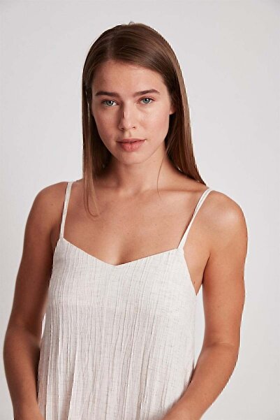 bonn couture Kadın İp Askılı Natural Gofre Kumaş Uzun Elbise