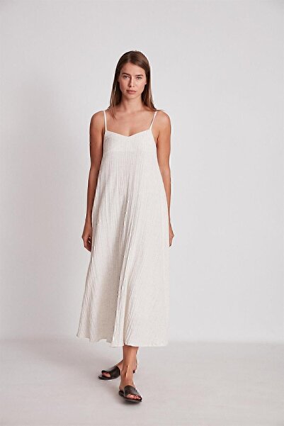 bonn couture Kadın İp Askılı Natural Gofre Kumaş Uzun Elbise